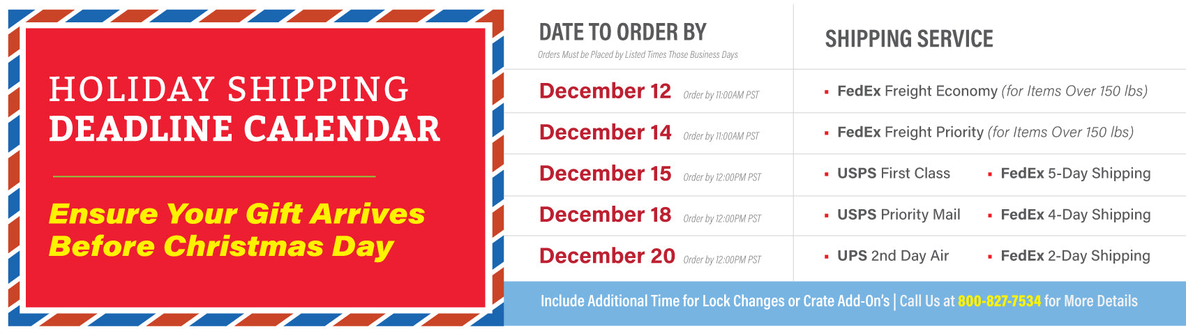 Dean Safe Holiday Shipping Deadline Schedule