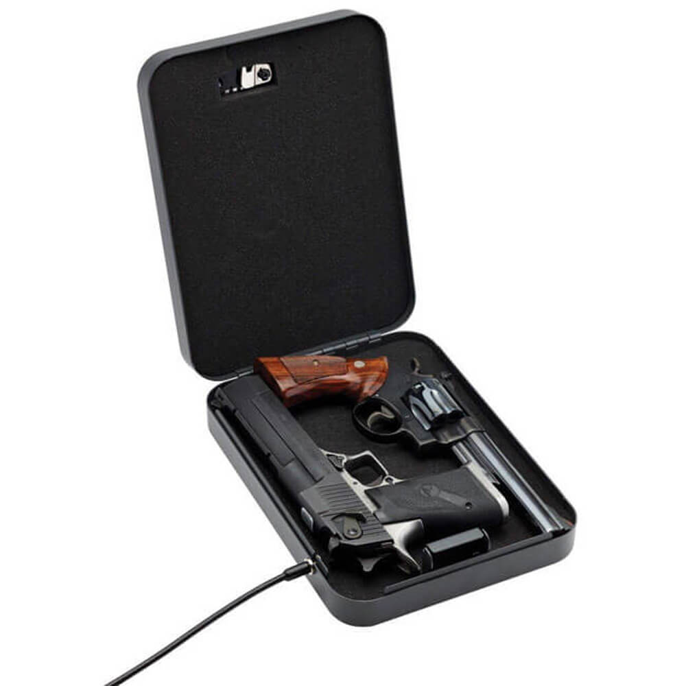 An open  SnapSafe Large Lock Box with Key Lock, part of the Dean Safe handgun safe collection