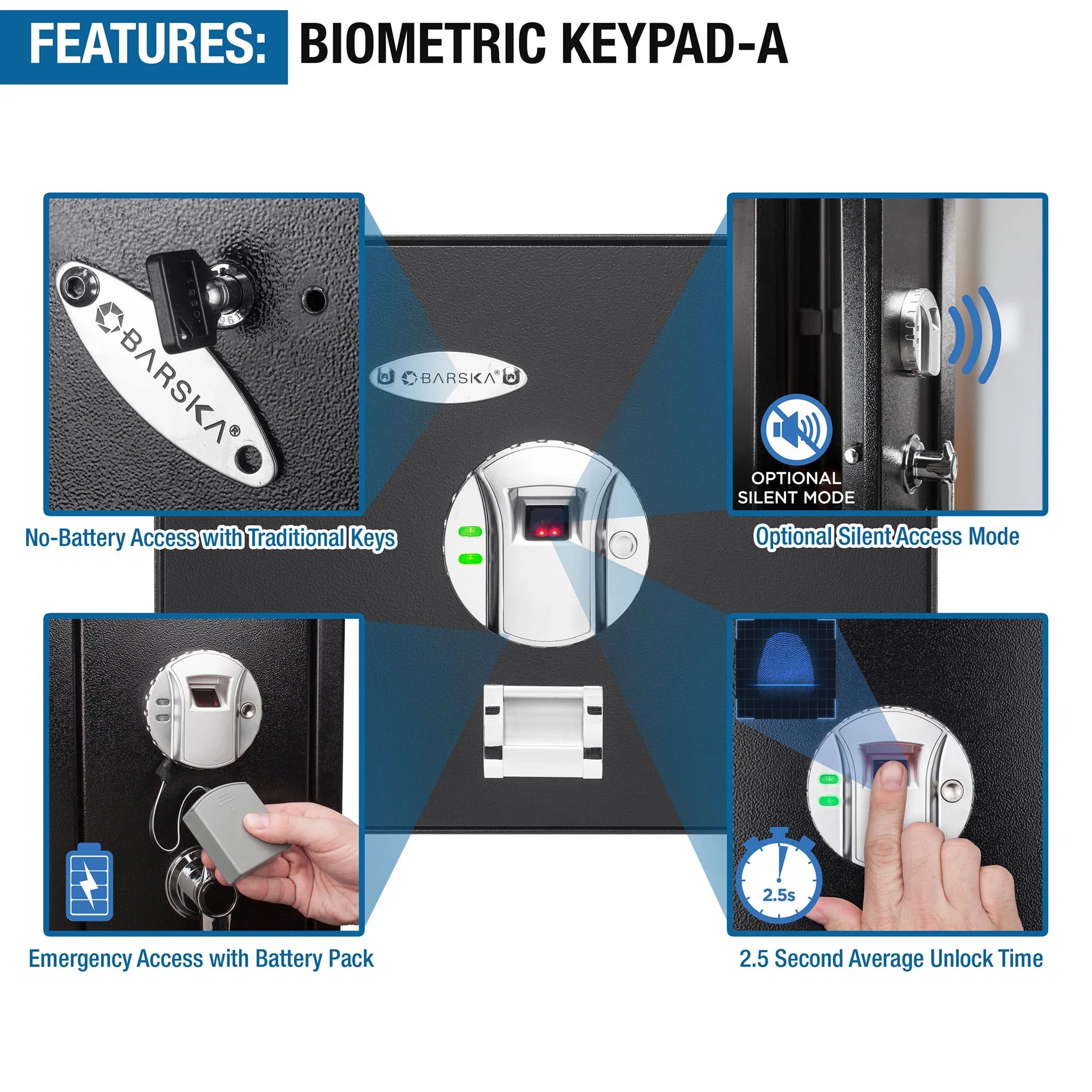 Features of a Barska AX11224 biometric keypad security system with BarSKA branding.