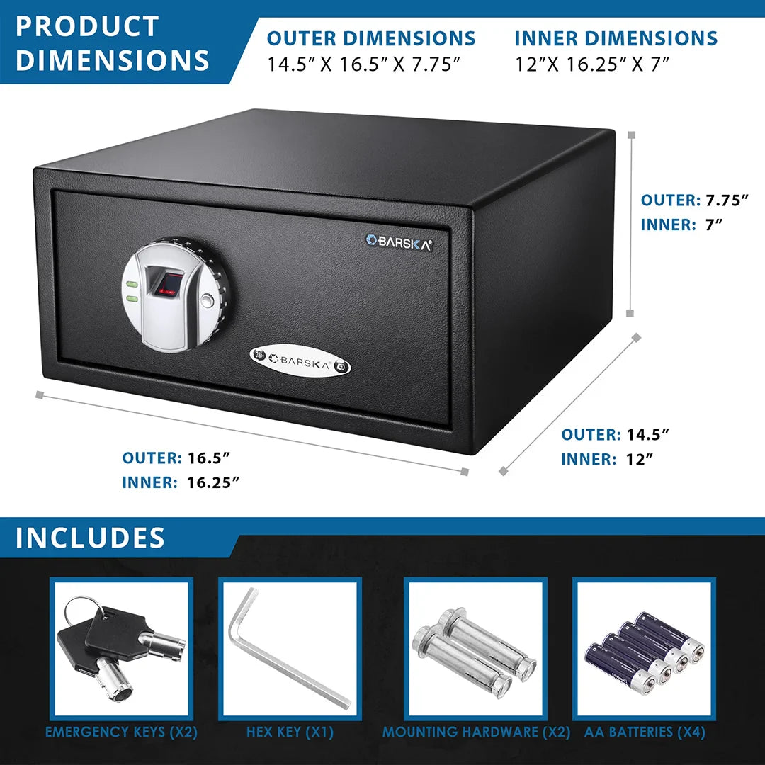 Banksa safe with dimensions and included items displayed