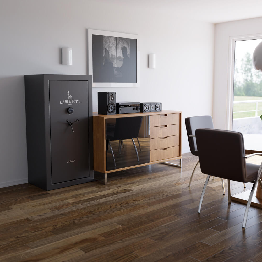 Liberty Colonial 23 CO23 black gun rifle safe in lifestyle setting next to stereo music system