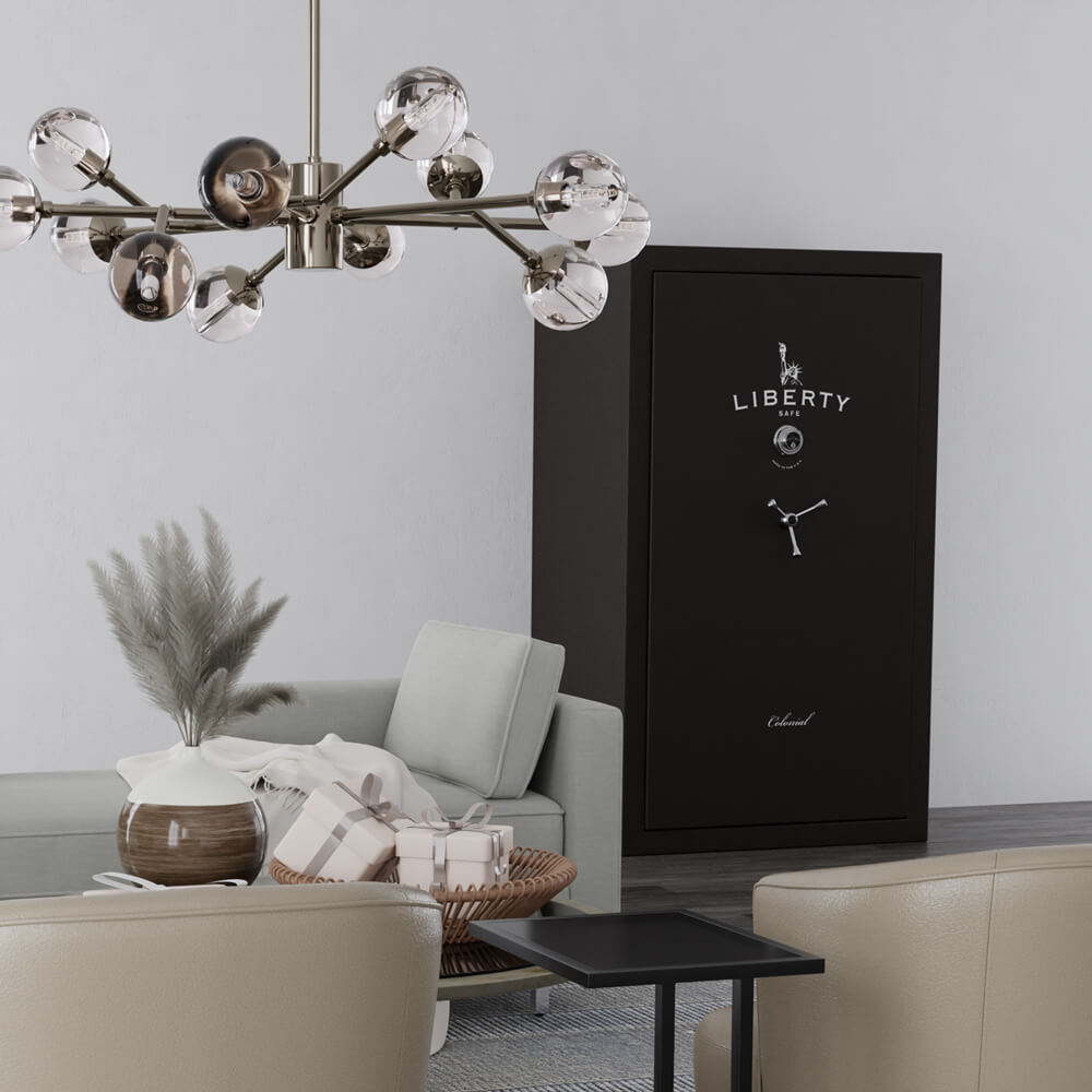 Liberty black textured closed rifle safe in home lifestyle setting