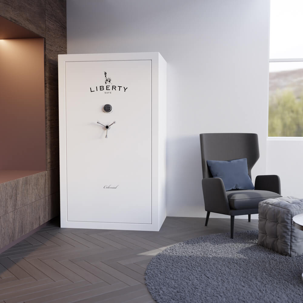 Liberty Colonial 50 white gun safe in lifestyle living home setting