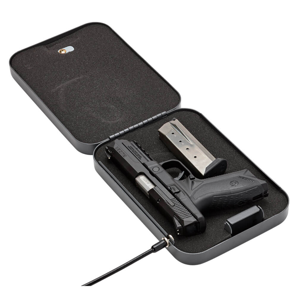 An open SnapSafe Lock Box X-Large with Combination Lock, part of the Dean Safe handgun safe collection