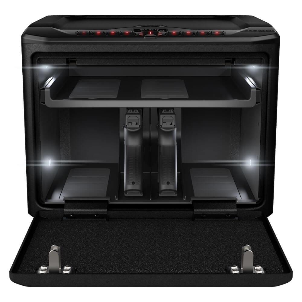 An open Vaultek NMXi High Capacity Smart Handgun Safe, part of the Dean Safe handgun safe collection