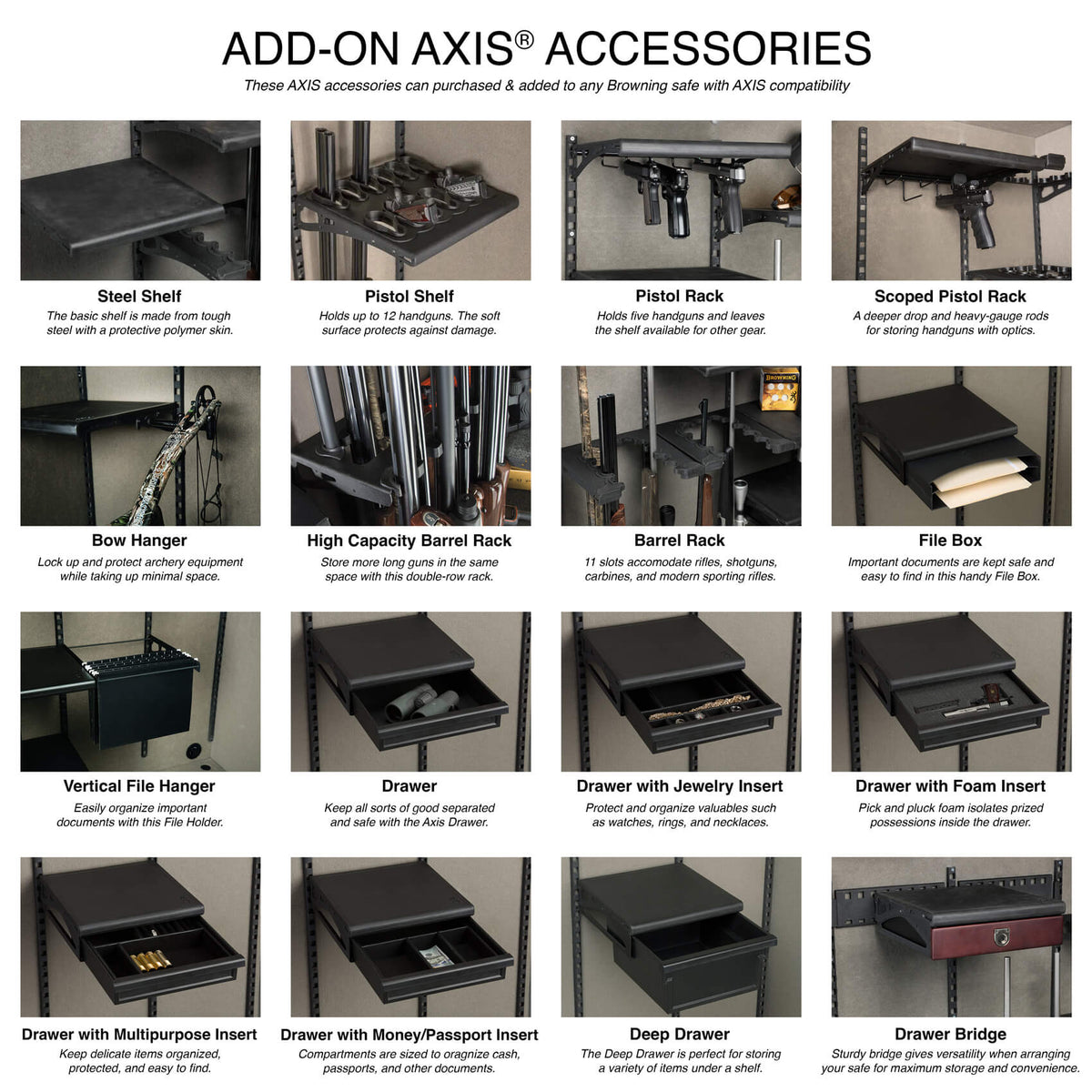 Browning AXIS accessories adjustable shelving dean safe