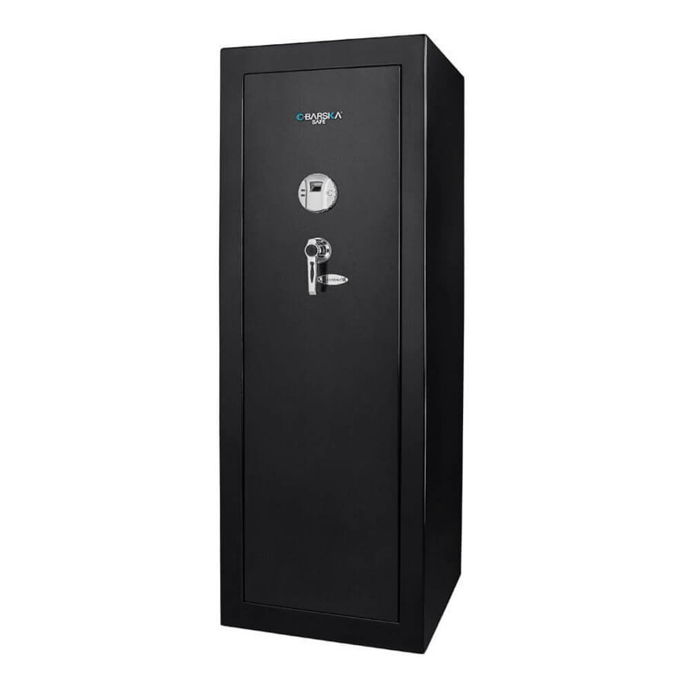 Barska Large Biometric Rifle Safe AX11899, an open metal gun cabinet