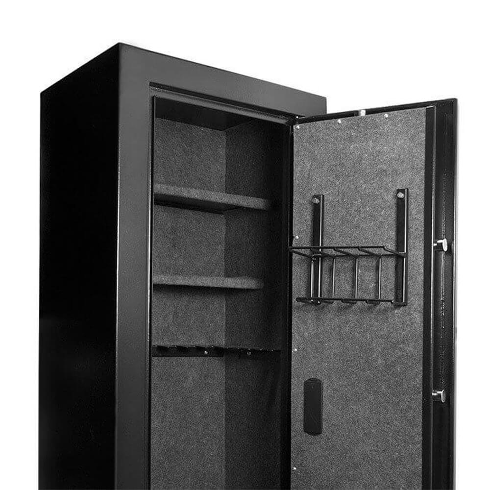 Barska Large Biometric Rifle Safe AX11899, an open metal gun cabinet